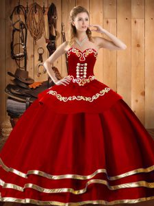 Top Selling Wine Red Organza Lace Up Sweet 16 Dress Sleeveless Floor Length Embroidery