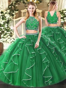 Green Two Pieces High-neck Sleeveless Tulle Floor Length Zipper Beading and Ruffles Sweet 16 Dress