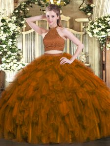 Brown Sleeveless Beading and Ruffles Floor Length Quince Ball Gowns