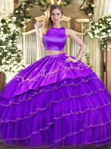 Fantastic Purple Tulle Criss Cross High-neck Sleeveless Floor Length 15 Quinceanera Dress Embroidery and Ruffled Layers