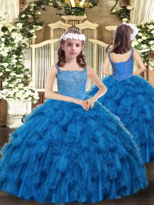 Organza Straps Sleeveless Lace Up Beading and Ruffles Winning Pageant Gowns in Blue