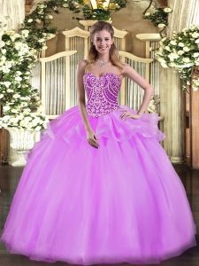Most Popular Floor Length Lace Up Sweet 16 Dress Lilac for Military Ball and Sweet 16 and Quinceanera with Beading and Ruffles