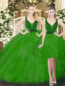 Sleeveless Floor Length Beading and Ruffles Lace Up Sweet 16 Quinceanera Dress with Green