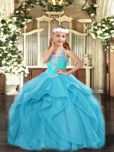 Aqua Blue Ball Gowns Beading and Ruffles Little Girls Pageant Gowns Lace Up Tulle Sleeveless Floor Length