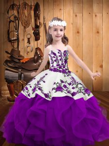 Purple Organza Lace Up Straps Sleeveless Floor Length Child Pageant Dress Embroidery and Ruffles