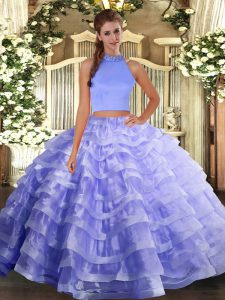 Lavender Halter Top Backless Beading and Ruffled Layers Quinceanera Gowns Sleeveless