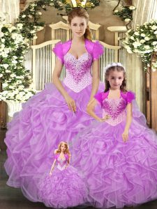 Exquisite Lilac Sleeveless Floor Length Beading and Ruffles Lace Up Sweet 16 Dress