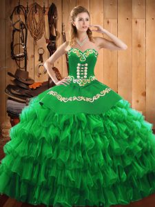 Fantastic Sweetheart Sleeveless Sweet 16 Dress Floor Length Embroidery and Ruffled Layers Green Satin and Organza