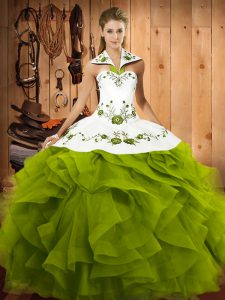Olive Green Tulle Lace Up 15th Birthday Dress Sleeveless Floor Length Embroidery and Ruffles