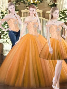 Orange Red Tulle Lace Up 15 Quinceanera Dress Sleeveless Floor Length Beading