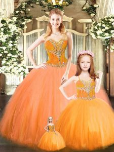 Deluxe Orange Red Ball Gowns Sweetheart Sleeveless Tulle Floor Length Lace Up Beading Quinceanera Gowns