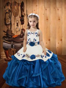 Simple Organza Straps Sleeveless Lace Up Embroidery and Ruffles Pageant Dress in Blue