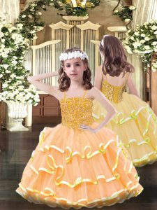 Perfect Spaghetti Straps Sleeveless Little Girl Pageant Gowns Floor Length Beading and Ruffled Layers Orange Organza