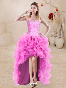 Trendy Rose Pink A-line Sweetheart Sleeveless Organza High Low Lace Up Beading and Ruffles