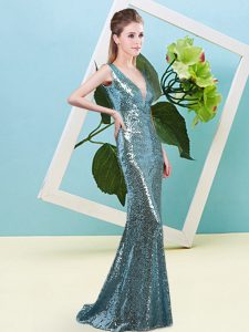 Teal Mermaid Sequined V-neck Sleeveless Sequins Floor Length Zipper Prom Gown
