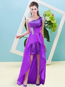 Excellent High Low A-line Sleeveless Eggplant Purple Dress for Prom Lace Up