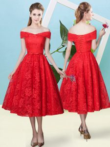 Unique Off The Shoulder Cap Sleeves Bridesmaids Dress Tea Length Bowknot Red Lace