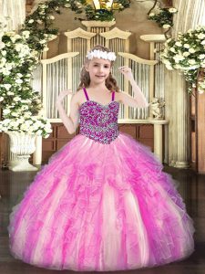 Beading and Ruffles Glitz Pageant Dress Rose Pink Lace Up Sleeveless Floor Length