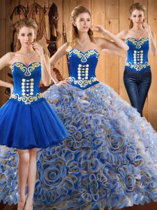 Multi-color Three Pieces Embroidery Sweet 16 Dress Lace Up Satin and Fabric With Rolling Flowers Sleeveless With Train