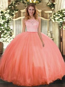 Sleeveless Tulle Floor Length Clasp Handle Sweet 16 Dresses in Orange Red with Lace