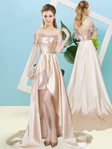 Traditional Champagne Elastic Woven Satin and Sequined Lace Up Off The Shoulder Short Sleeves High Low Prom Party Dress Sequins