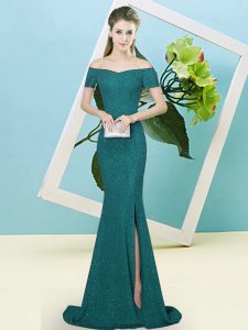 Short Sleeves Sequins Zipper Prom Gown with Turquoise Sweep Train