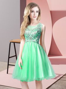 Apple Green A-line Beading Prom Dress Zipper Tulle Sleeveless Knee Length