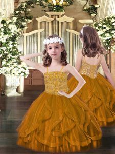 Floor Length Lace Up Girls Pageant Dresses Brown for Party and Quinceanera with Beading and Ruffles