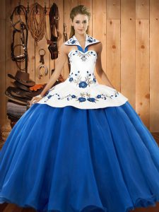 Fabulous Blue And White Ball Gowns Embroidery Vestidos de Quinceanera Lace Up Satin and Tulle Sleeveless Floor Length