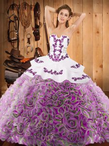 Enchanting Strapless Sleeveless Satin and Fabric With Rolling Flowers Ball Gown Prom Dress Embroidery Sweep Train Lace Up