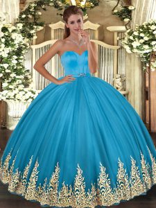Baby Blue Tulle Lace Up Sweetheart Sleeveless Floor Length Quince Ball Gowns Appliques