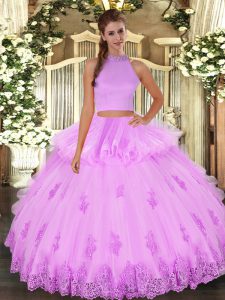 Tulle Sleeveless Floor Length Quinceanera Dress and Beading and Appliques and Ruffles