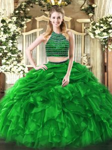 Latest Green Two Pieces Tulle Halter Top Sleeveless Beading and Ruffles Floor Length Zipper 15 Quinceanera Dress