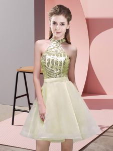 Cheap Light Yellow A-line Halter Top Sleeveless Chiffon Mini Length Backless Sequins Bridesmaid Dress