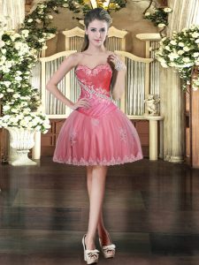 Sleeveless Mini Length Beading and Appliques Lace Up Prom Dresses with Coral Red