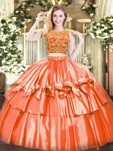 Sleeveless Tulle Floor Length Zipper Quinceanera Dress in Orange Red with Beading and Ruffled Layers