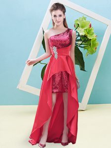 Hot Selling A-line Prom Party Dress Coral Red One Shoulder Elastic Woven Satin and Sequined Sleeveless High Low Lace Up