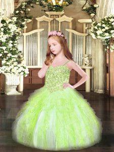 Customized Spaghetti Straps Sleeveless Little Girls Pageant Dress Floor Length Appliques and Ruffles Yellow Green Organza