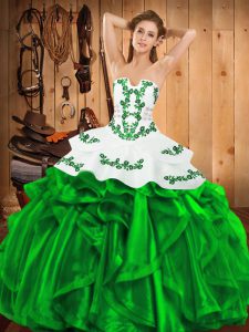 Floor Length Green Quince Ball Gowns Satin and Organza Sleeveless Embroidery and Ruffles