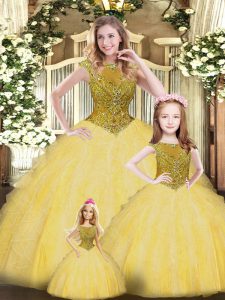 Gold Organza Lace Up 15th Birthday Dress Sleeveless Floor Length Beading and Ruffles