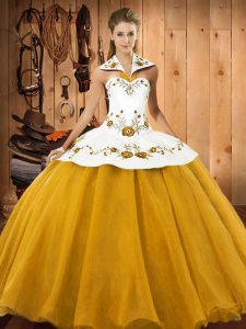Gold Satin and Tulle Lace Up Quinceanera Gowns Sleeveless Floor Length Embroidery