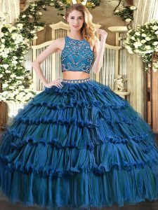Spectacular Teal Zipper Quinceanera Dresses Beading and Ruffled Layers Sleeveless Floor Length