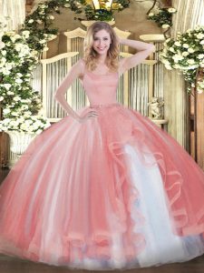 Coral Red Sleeveless Beading Floor Length Quince Ball Gowns