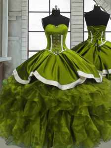 Most Popular Floor Length Olive Green 15 Quinceanera Dress Organza Sleeveless Beading and Ruffles