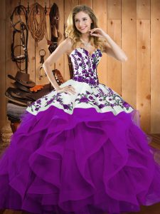 Flare Eggplant Purple Ball Gowns Satin and Organza Sweetheart Sleeveless Embroidery and Ruffles Floor Length Lace Up Sweet 16 Dress