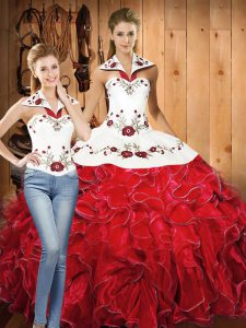 White And Red Sleeveless Embroidery and Ruffles Floor Length Vestidos de Quinceanera