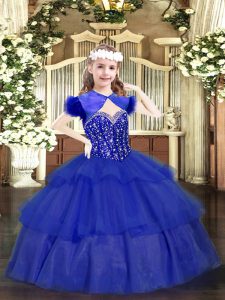 Royal Blue Ball Gowns Straps Sleeveless Organza Floor Length Lace Up Beading and Ruffled Layers Little Girls Pageant Dress Wholesale