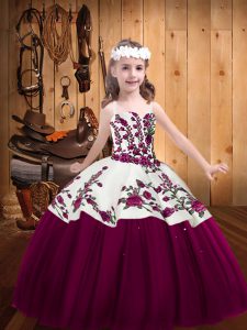 Sleeveless Tulle Floor Length Lace Up High School Pageant Dress in Fuchsia with Embroidery