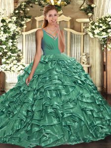 With Train Turquoise Ball Gown Prom Dress V-neck Sleeveless Sweep Train Backless