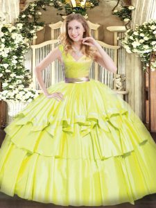 Exceptional Yellow Green Tulle Zipper Ball Gown Prom Dress Sleeveless Floor Length Beading and Ruffled Layers